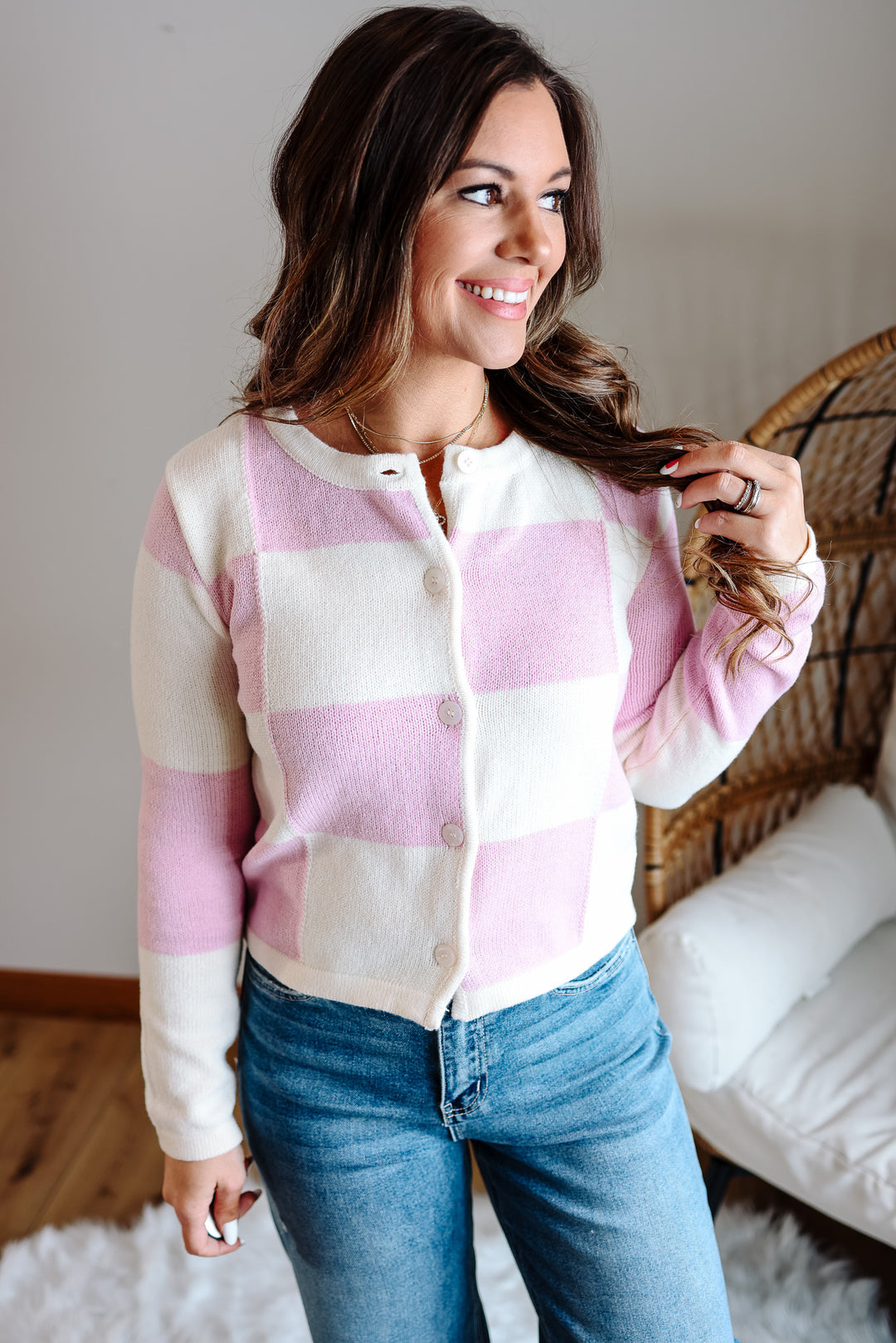 Posy Checker Cardigan - Orchid Pink