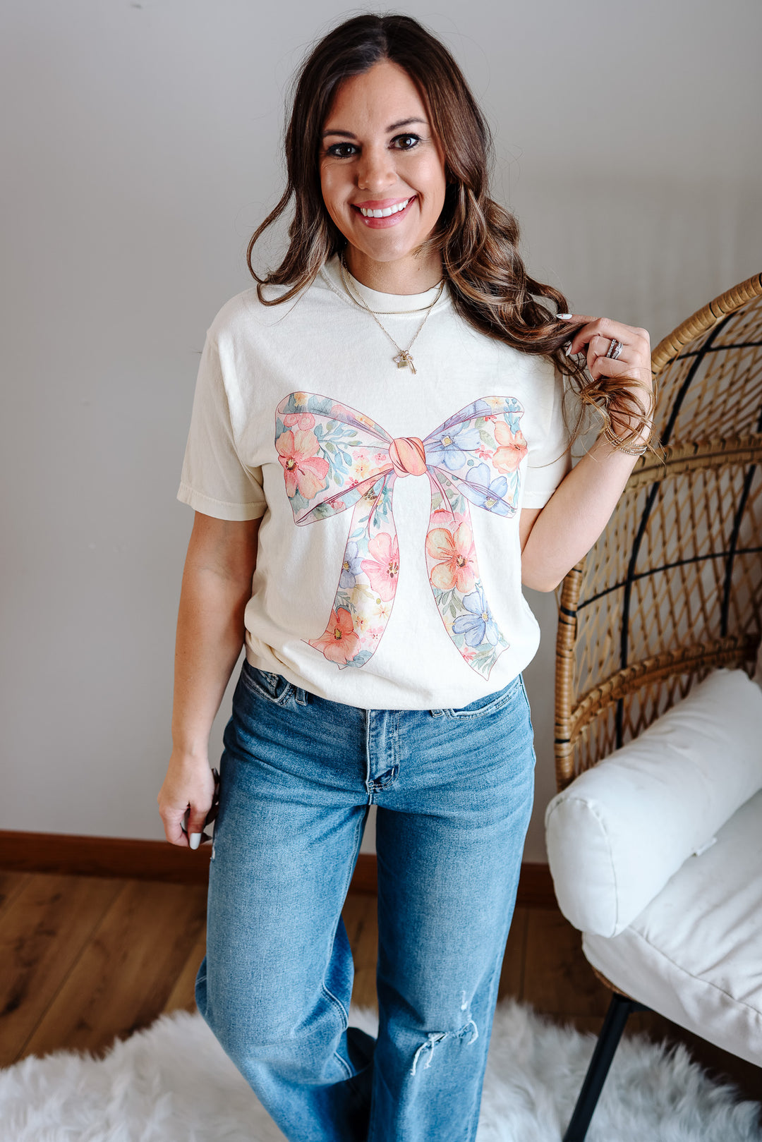 Floral Coquette Bows Graphic Tee - Ivory