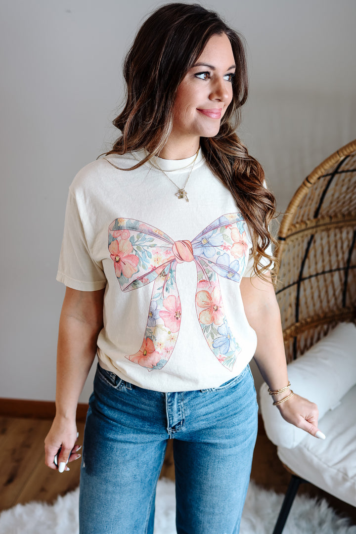 Floral Coquette Bows Graphic Tee - Ivory