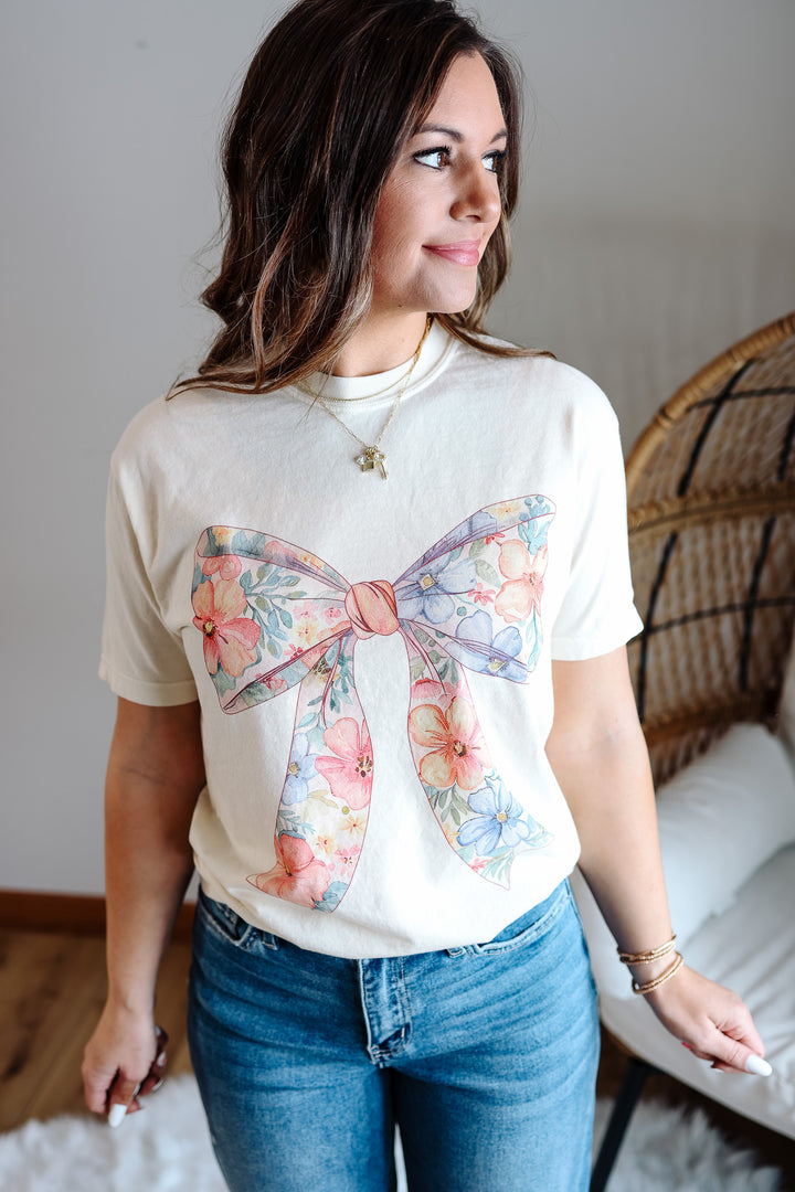 Floral Coquette Bows Graphic Tee - Ivory