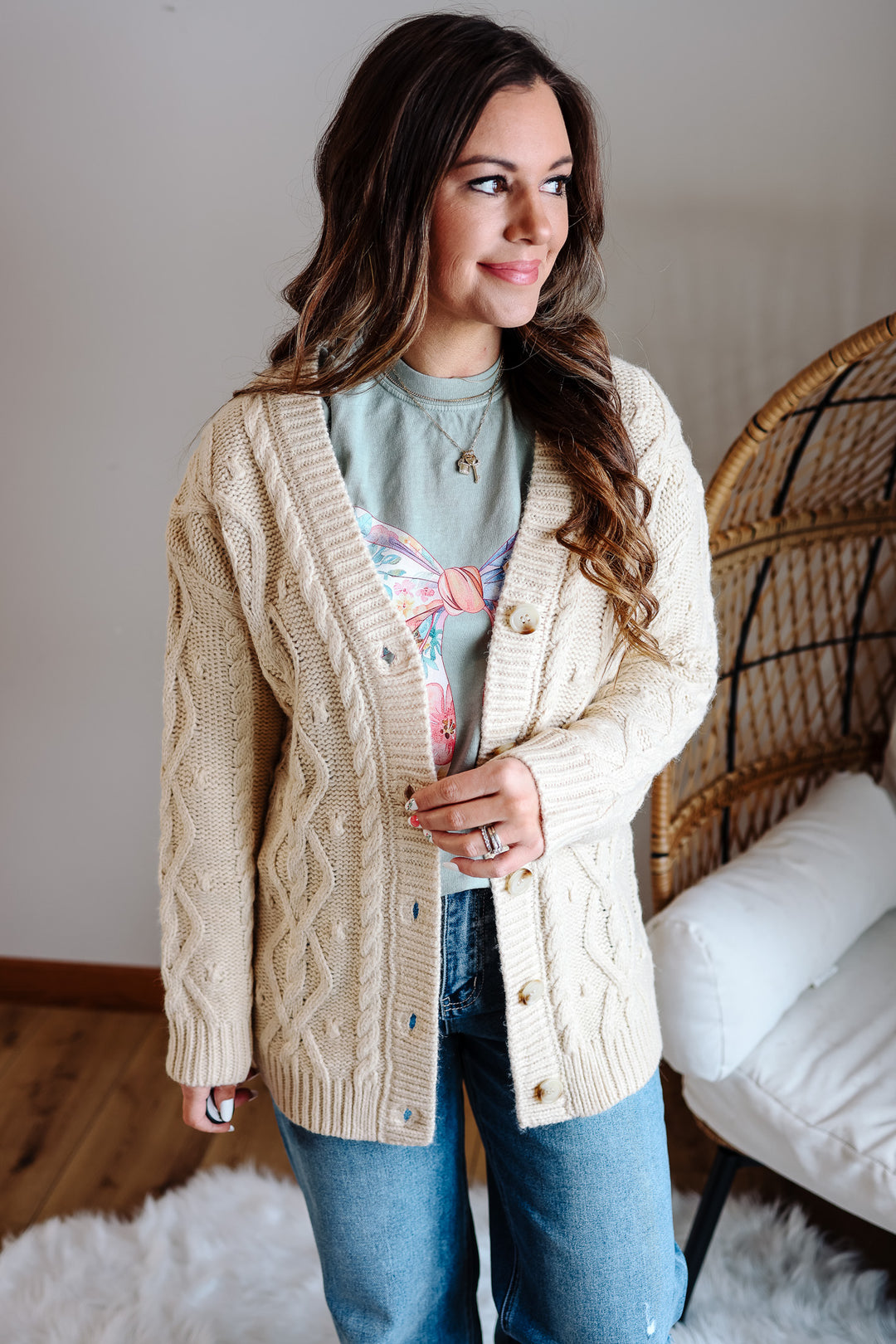 Ava Cable Knit Cardigan - Natural