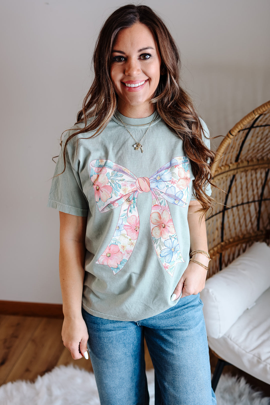 Floral Coquette Bows Graphic Tee - Bay