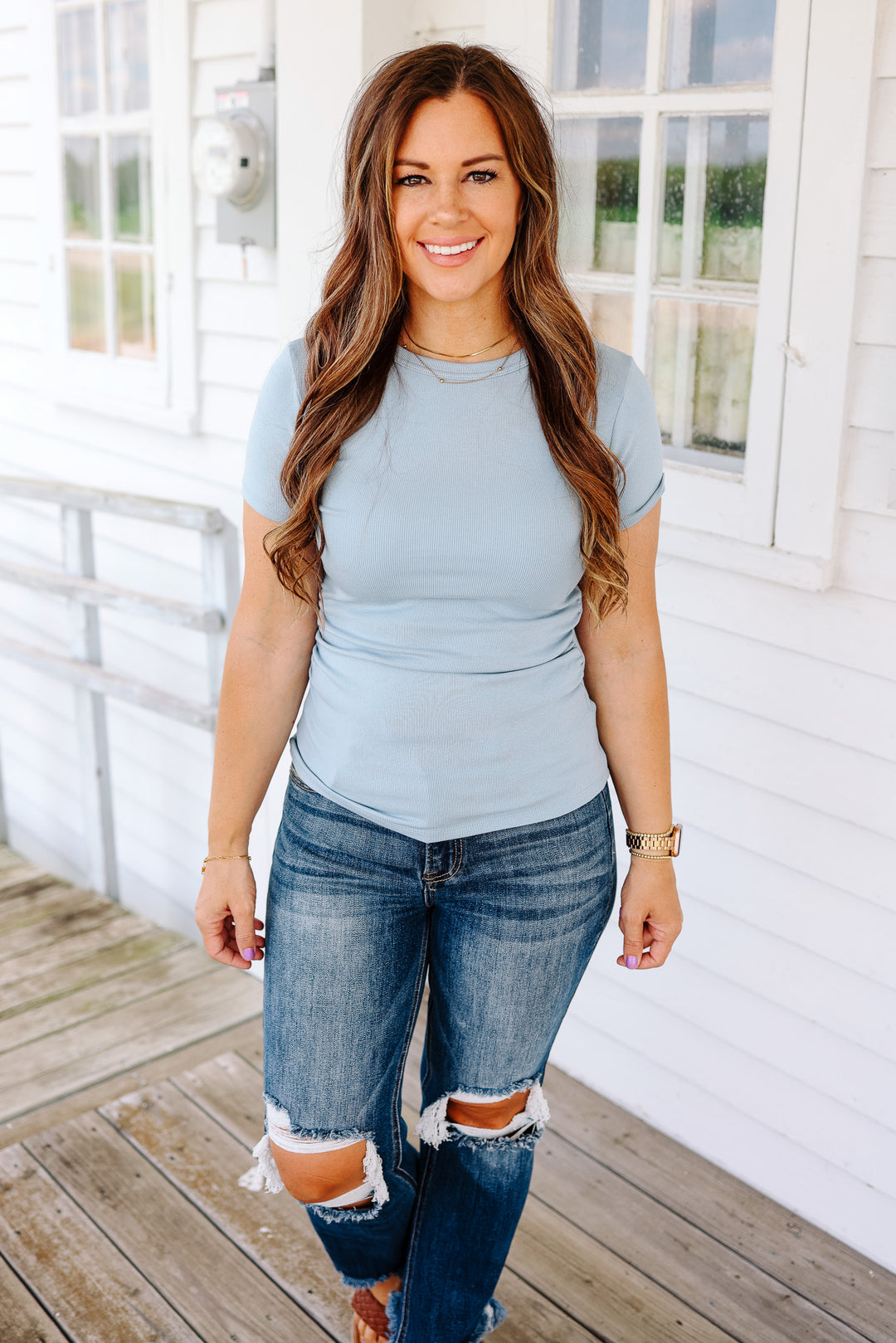 Autumn Ribbed Knit Top - Mountain Blue