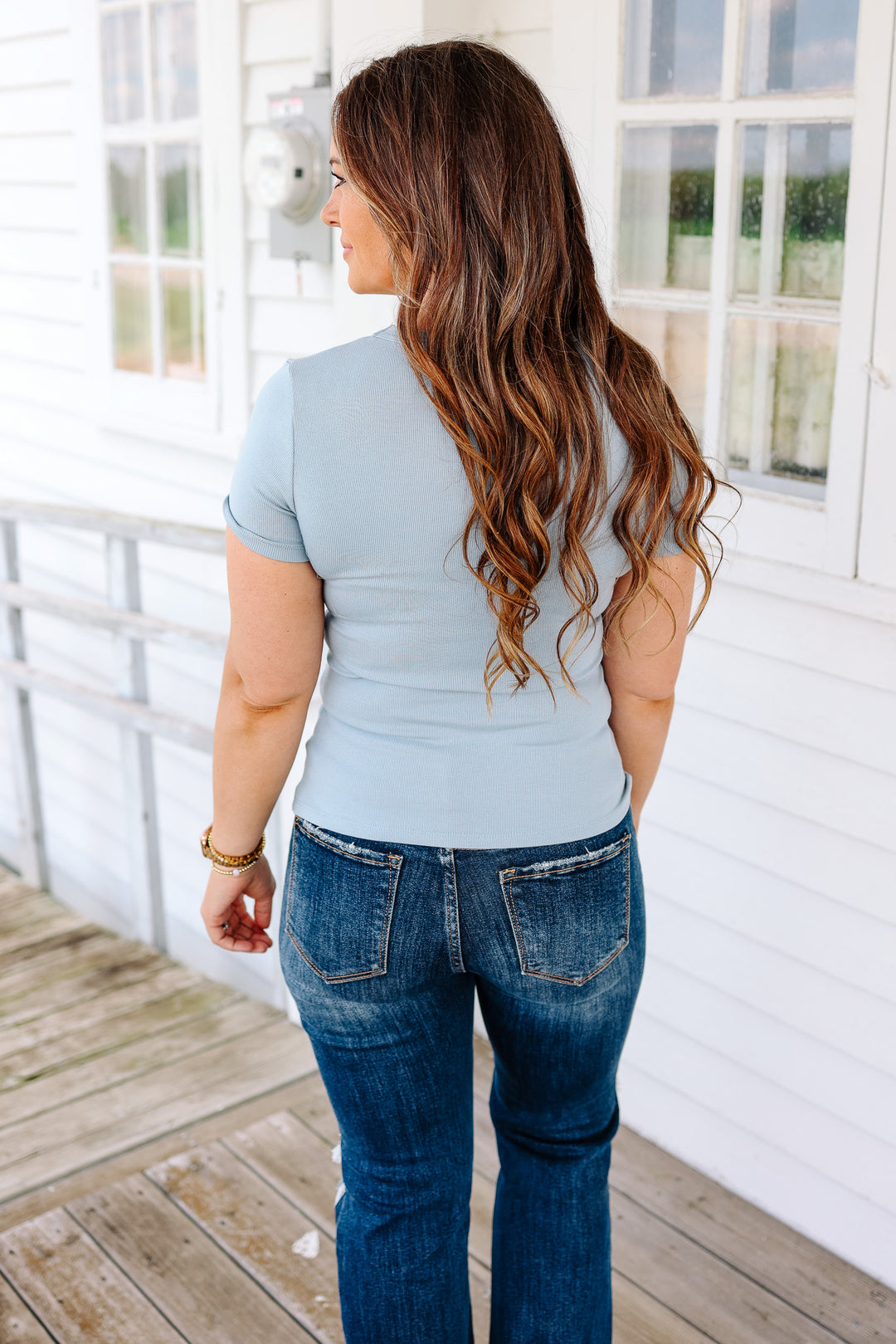 Autumn Ribbed Knit Top - Mountain Blue