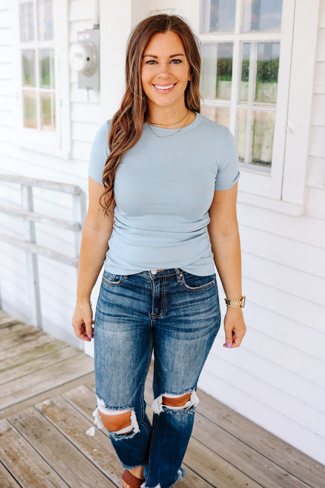 Autumn Ribbed Knit Top - Mountain Blue