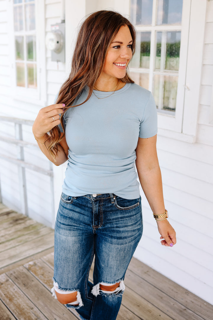 Autumn Ribbed Knit Top - Mountain Blue