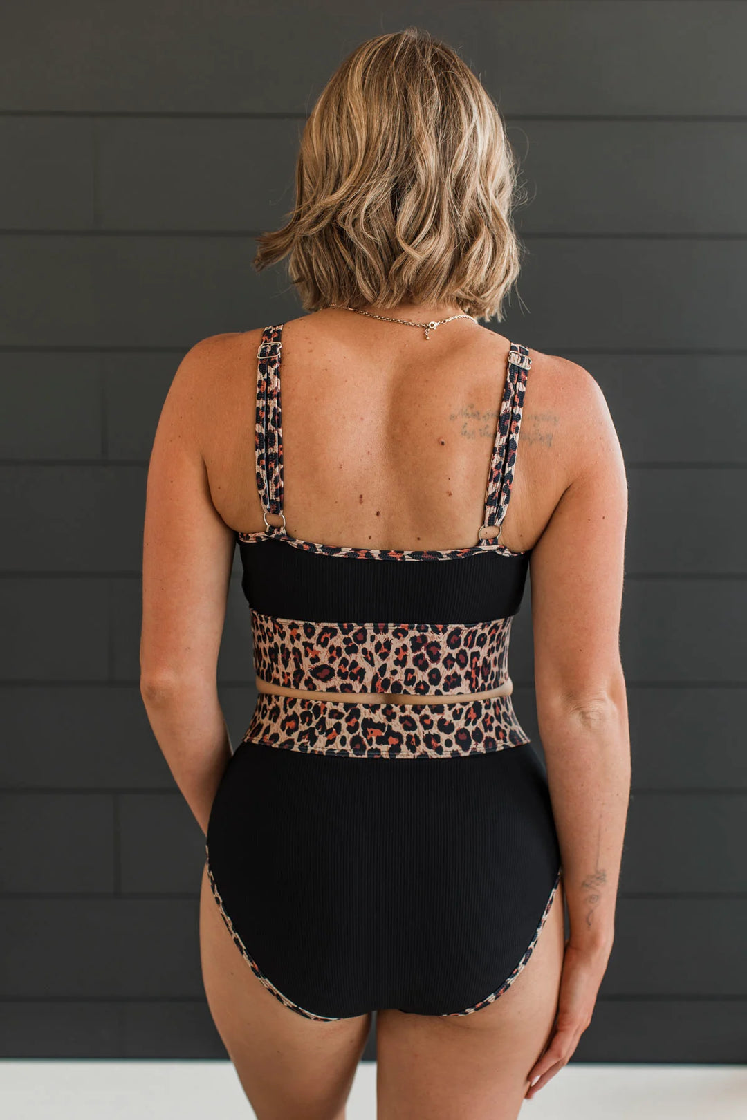 Chasing Tides Ribbed Swim Top - Black & Leopard