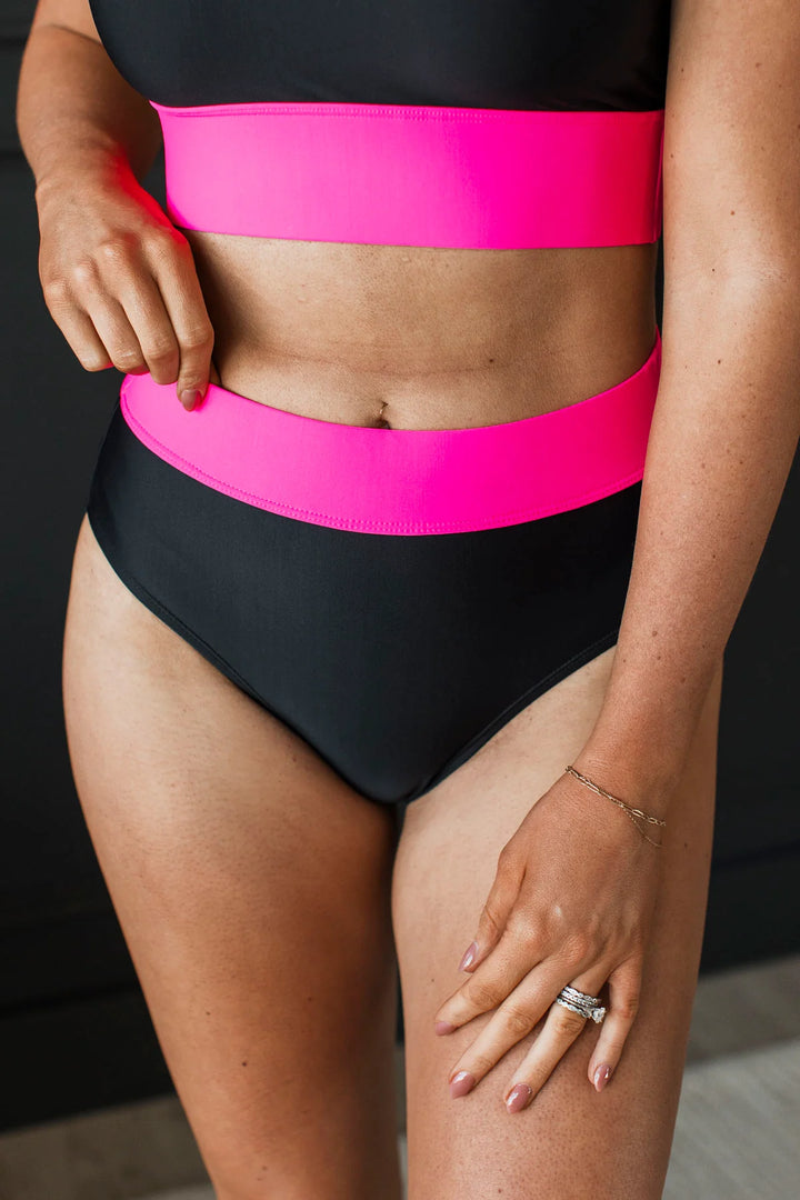 Ray Of Sunshine Swim Bottoms - Black & Neon Pink