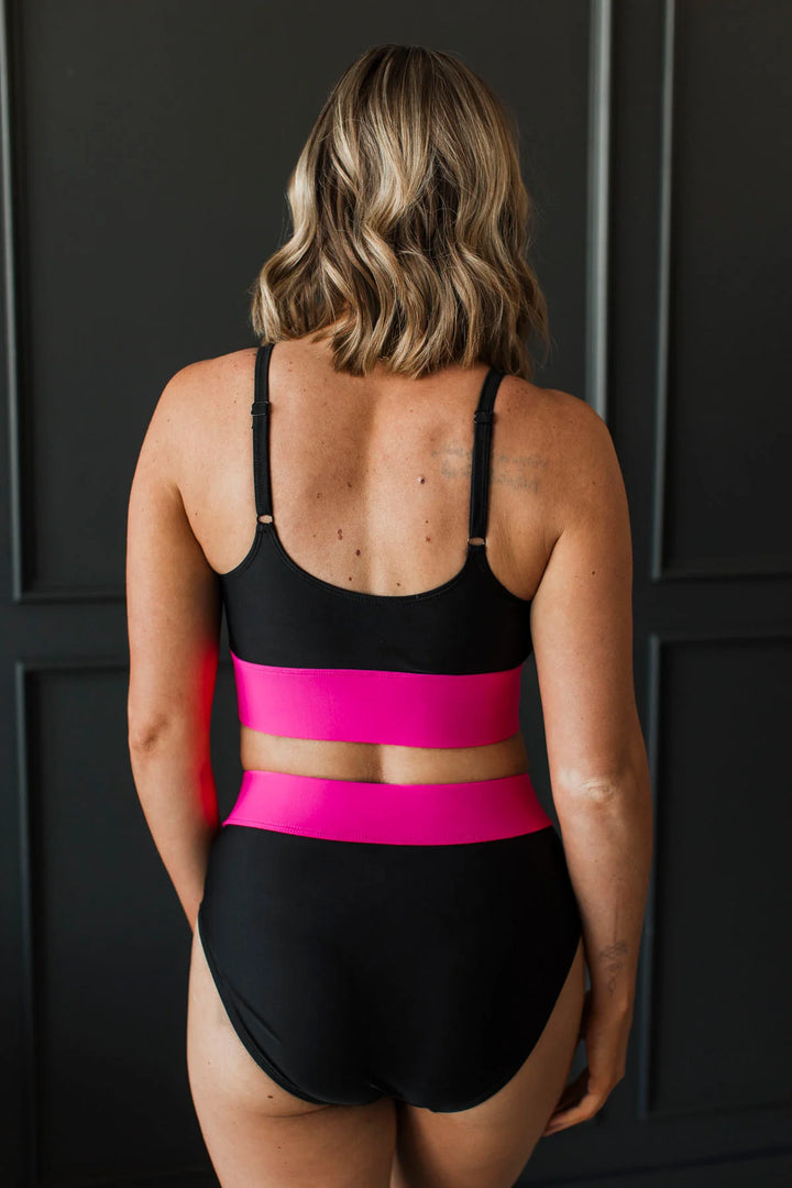 Kissed By The Sun Bikini Swim Top - Black & Neon Pink