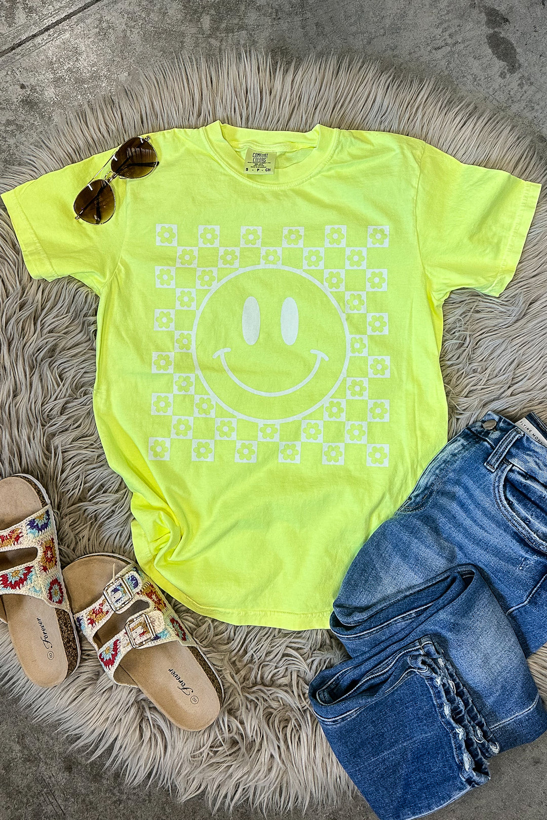 AO DEAL - Checkered Flower Happy Faces - Neon Lemon