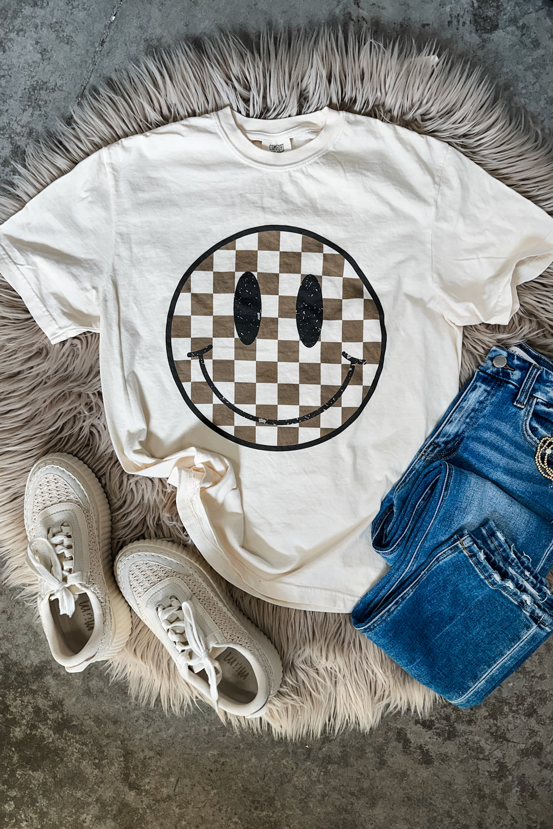 Brown Checkered Happy Face Graphic Tee - Ivory