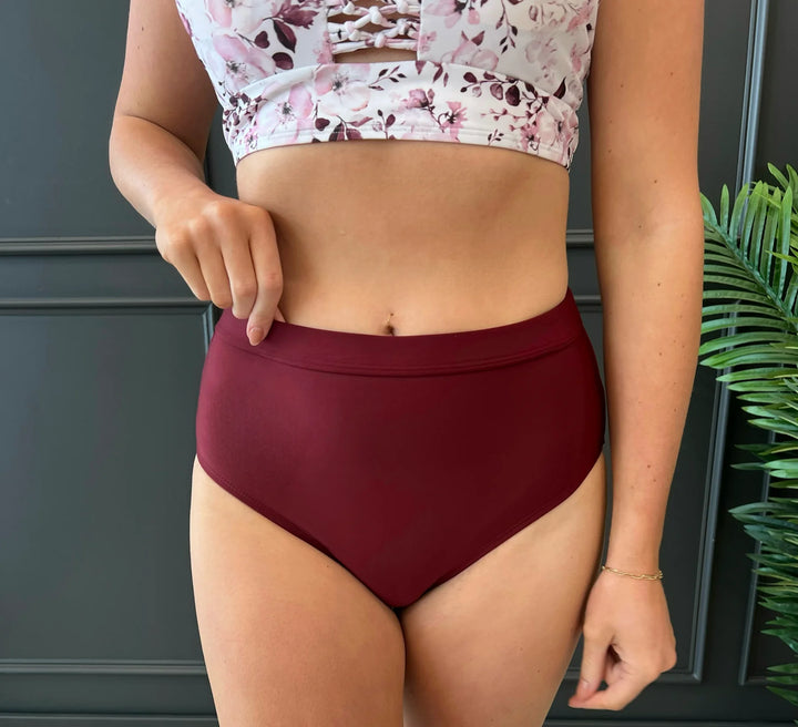 Sandy Shores High-Rise Swim Bottoms - Burgundy