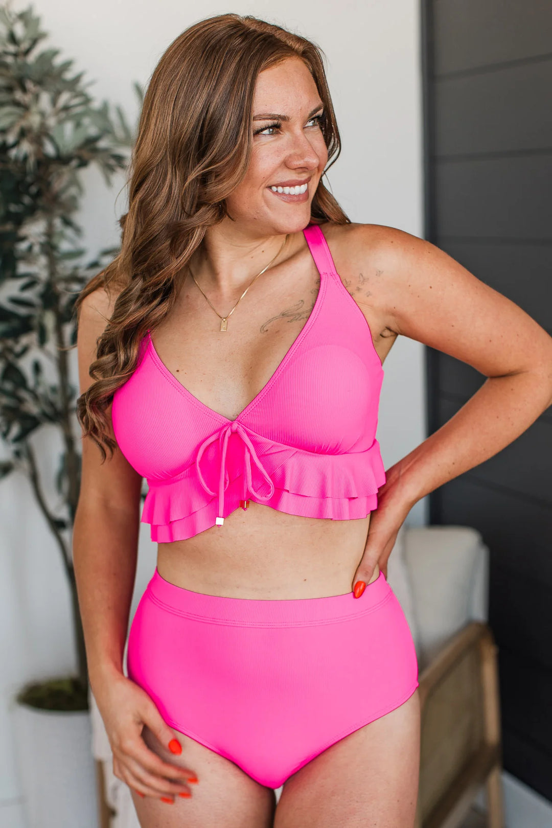 Island Essence Ruffle Swim Top - Hot Pink Ribbed