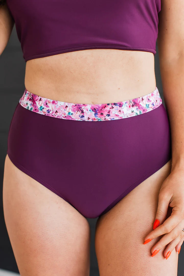 Sandy Shores High-Rise Swim Bottoms - Plum Floral