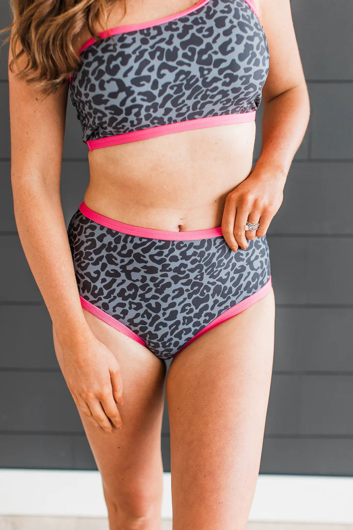 Oceans Away Swim Top - Charcoal Leopard & Pink