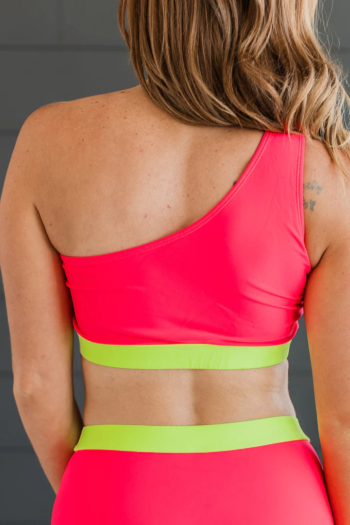 Sunny Vibes One-Shoulder Swim Top - Watermelon & Neon Yellow