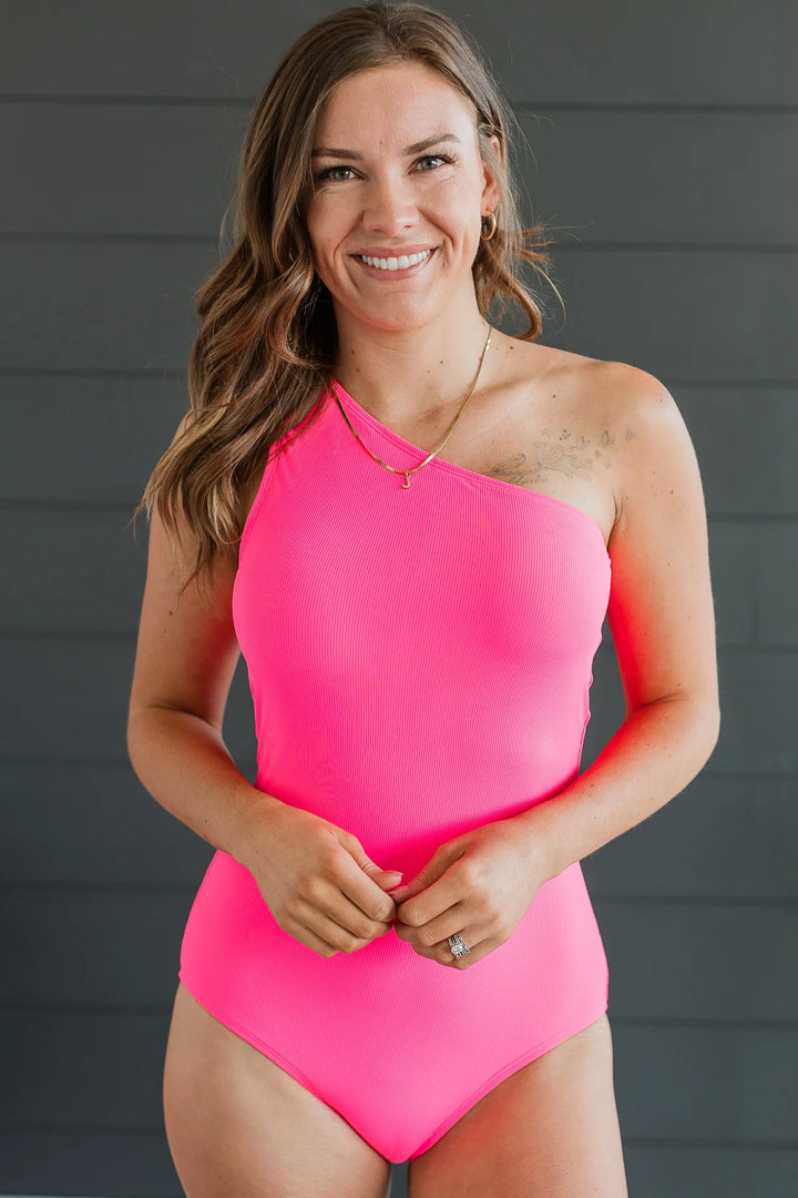 Beach Bound Ribbed One-Piece Swimsuit - Neon Pink