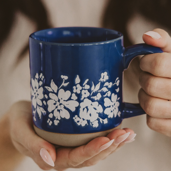 Blue Floral Stoneware Coffee Mug