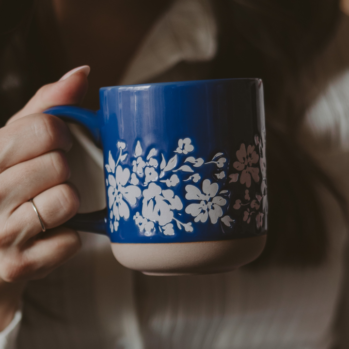 Blue Floral Stoneware Coffee Mug