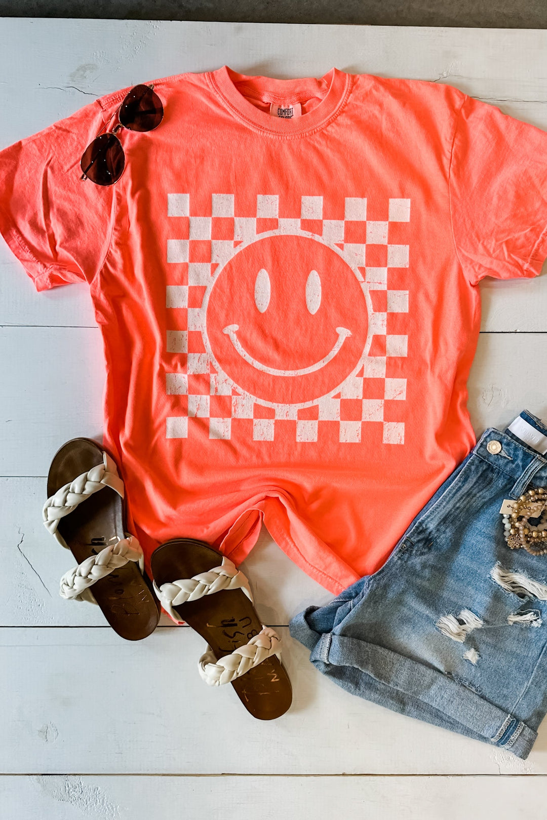 Distressed Checkered Happy Face Graphic Tee - Neon Red Orange