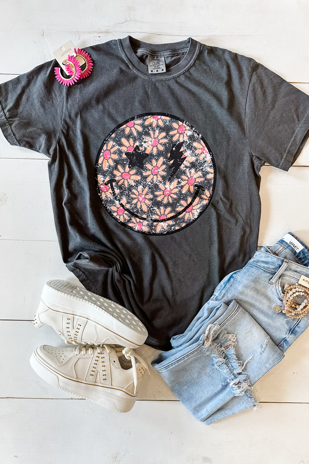 Boho Pink & Peach Flowers Happy Face Graphic Tee - Pepper