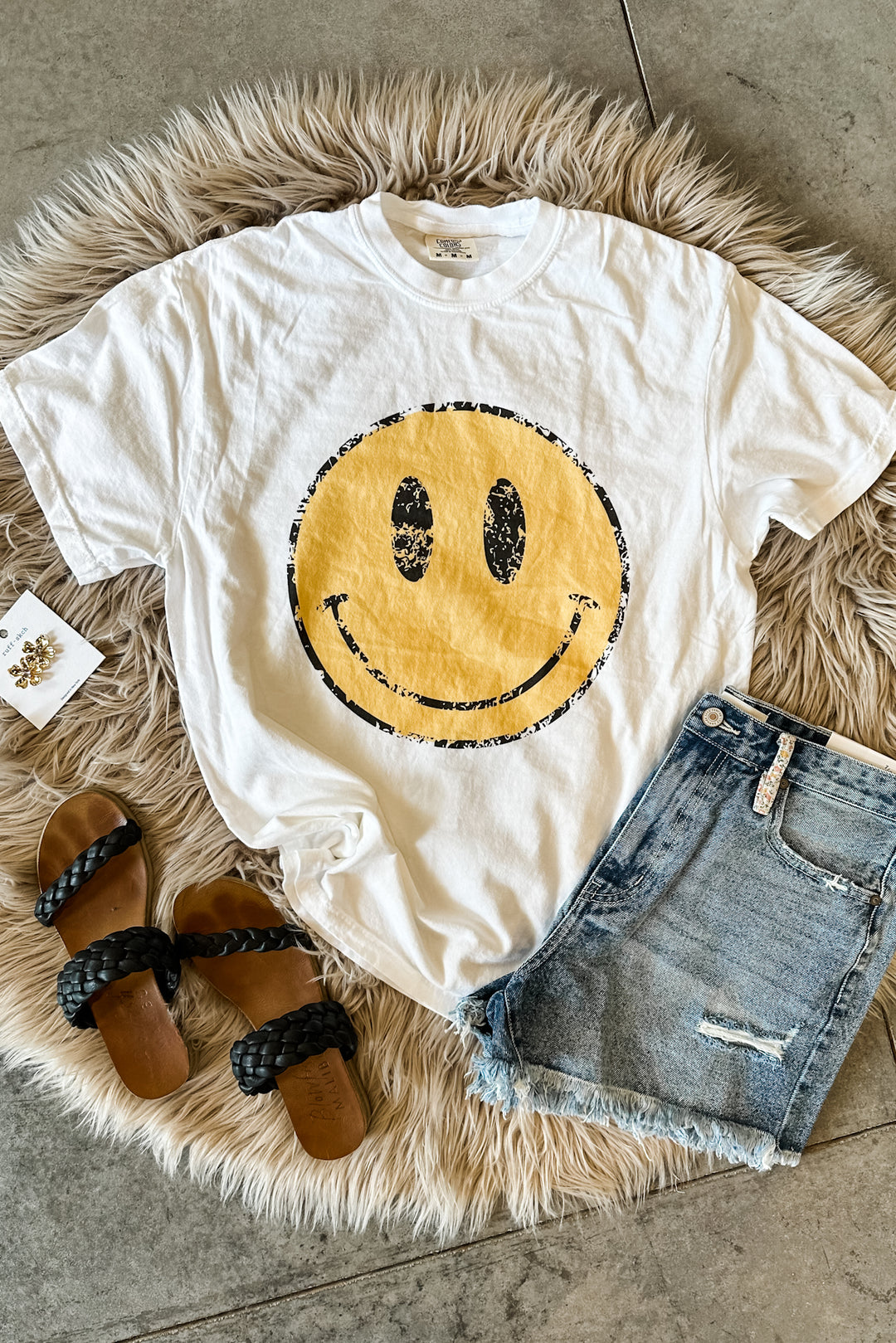 Classic Distressed Happy Face Graphic Tee - White